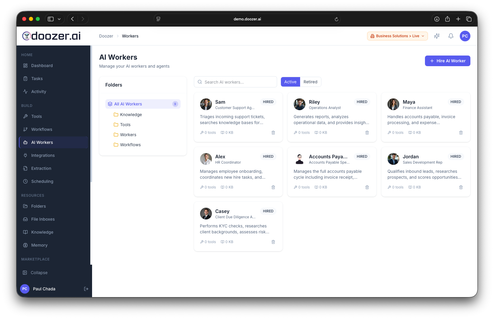AI Workers management dashboard showing configured workers with roles, tools, and knowledge