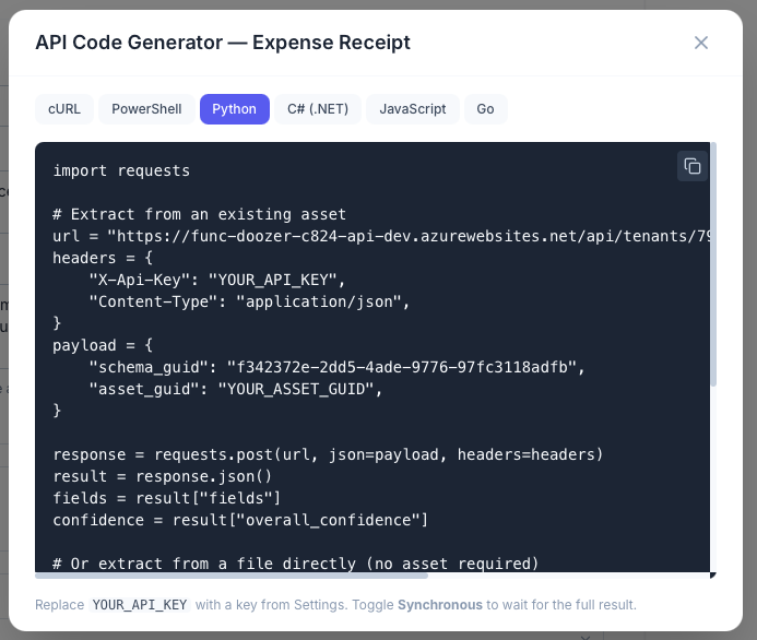 API Code Generator showing Python code for expense receipt extraction with multiple language tabs