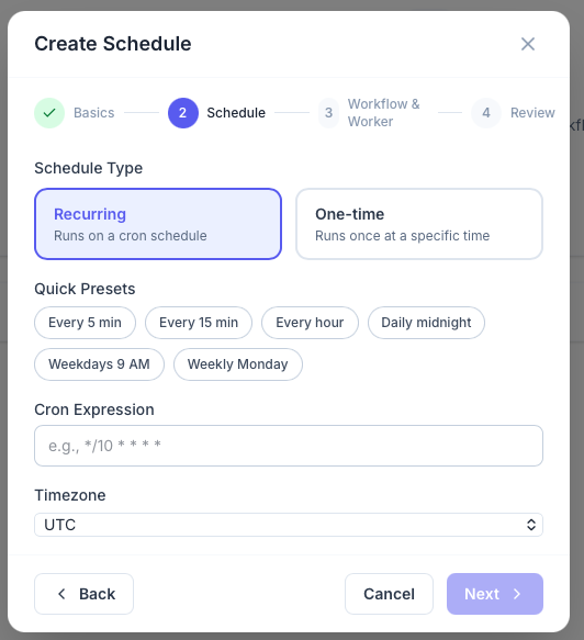 Create Schedule modal with recurring cron setup, quick presets, and timezone configuration