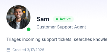Customer Support Agent profile card showing name, role, active status, and description