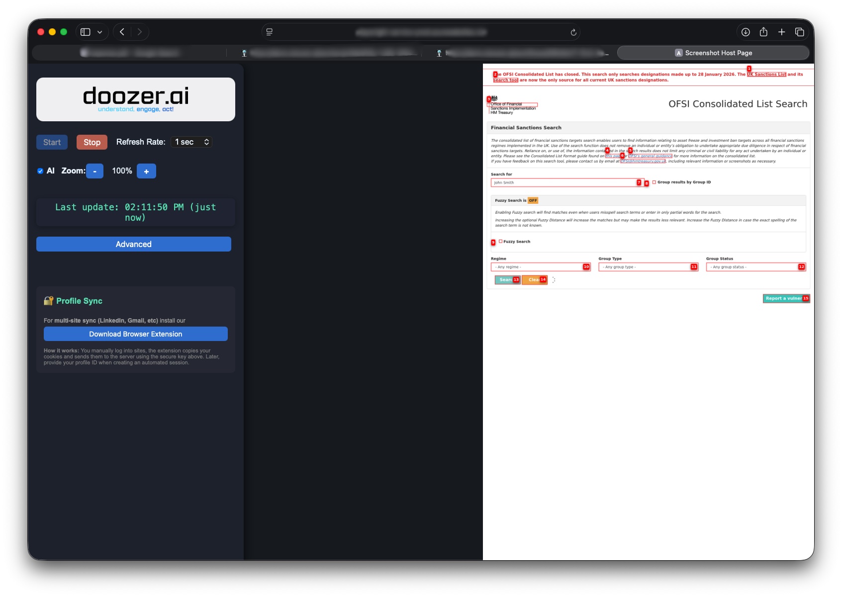 Doozer AI browser automation operating the OFSI Consolidated List Search interface autonomously