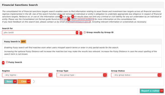 UK Financial Sanctions Search interface with numbered element overlays — the AI sees and operates this page autonomously
