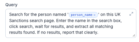 Natural language query field with dynamic variable injection for browser automation