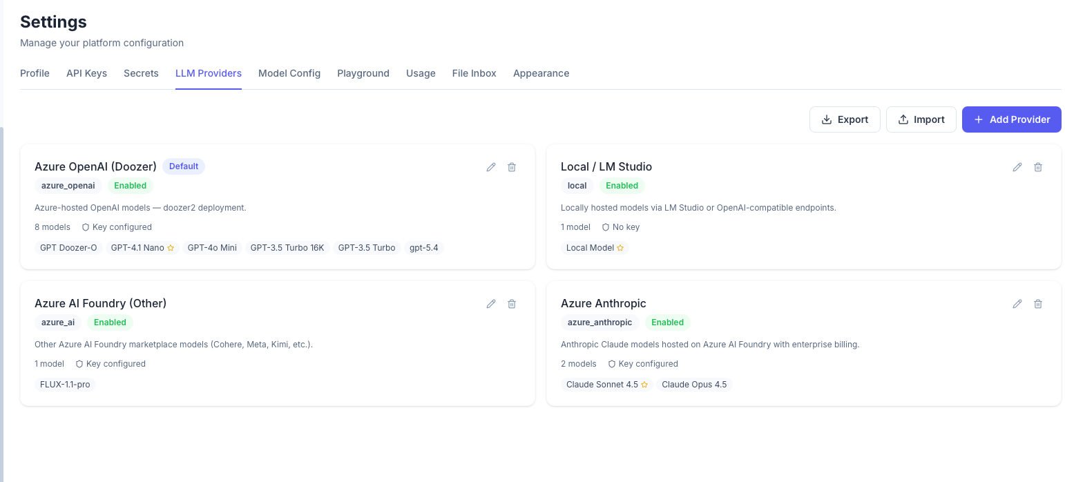 LLM Providers configuration showing Azure OpenAI, Local/LM Studio, Azure AI Foundry, and Azure Anthropic providers