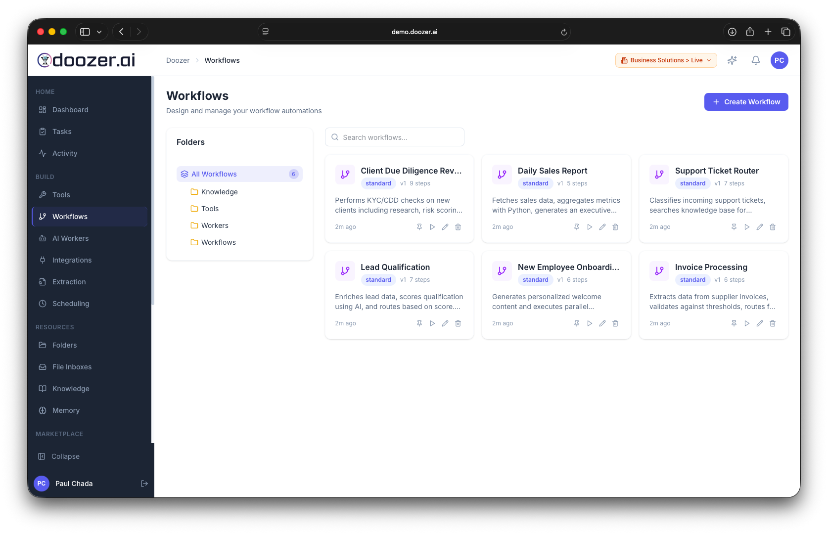 Workflows dashboard showing multiple automated workflows including due diligence, sales reports, and support routing