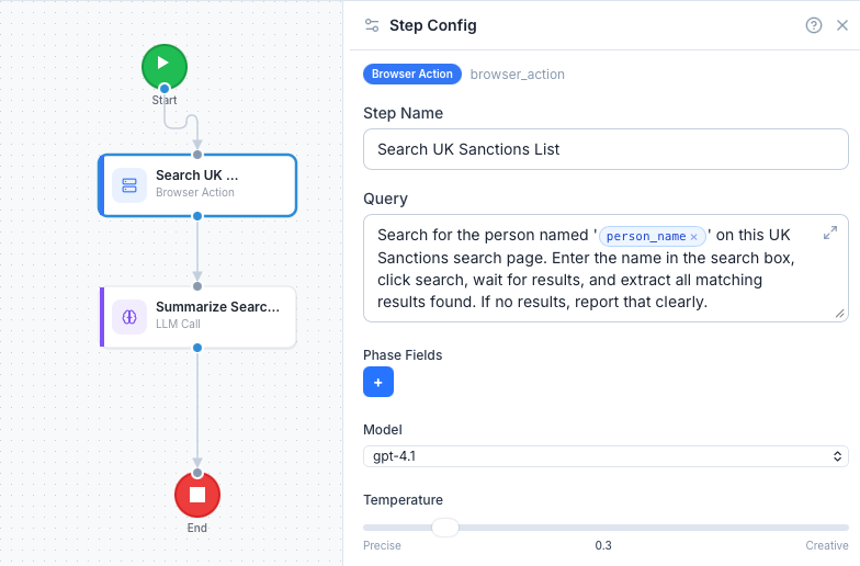 Browser Action step editor showing natural language instruction to search UK Sanctions List